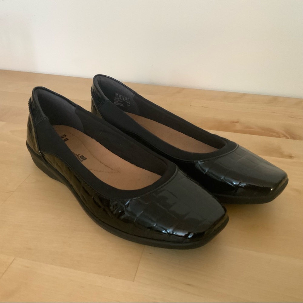 clark’s square tow flats clarks collection shiny black womens‎ 7.5